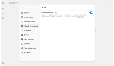 Turning on ChatGPT's Developer mode